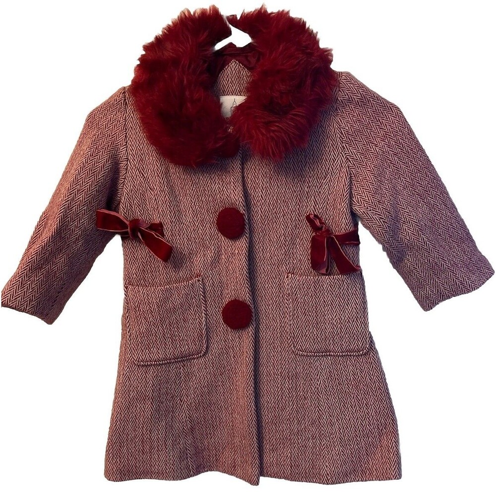 LONDON FOG LITTLE GIRLS COAT Jacket Red Bows Lined Faux Fur Trim 4T fall school